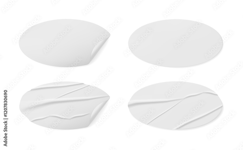 Glued crumpled stickers or labels in oval geometric shape. Vector isolated realistic white blank sheet with wrinkled texture. Creased surface of paper sticky notes or pricetags with bend corner Glued crumpled stickers or labels in oval geometric shape. Vector isolated realistic white blank sheet with wrinkled texture. Creased surface of paper sticky notes or pricetags with bend corner