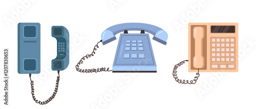 Retro telephone device for communication and talking. Vector flat cartoon style, isolated push buttons phone with cords and wires, keyboard for dialing number of caller, small screen and speaker