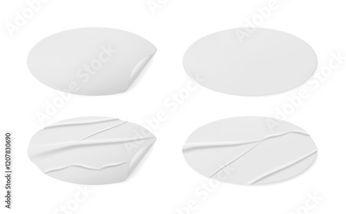 Glued crumpled stickers or labels in oval geometric shape. Vector isolated realistic white blank sheet with wrinkled texture. Creased surface of paper sticky notes or pricetags with bend corner