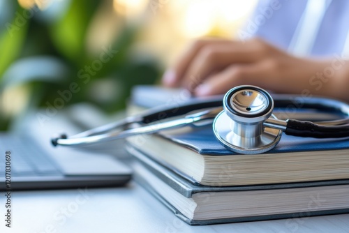 Stethoscope resting on a stack of books near a laptop with a person typing in the background, symbolizing medical education and healthcare
