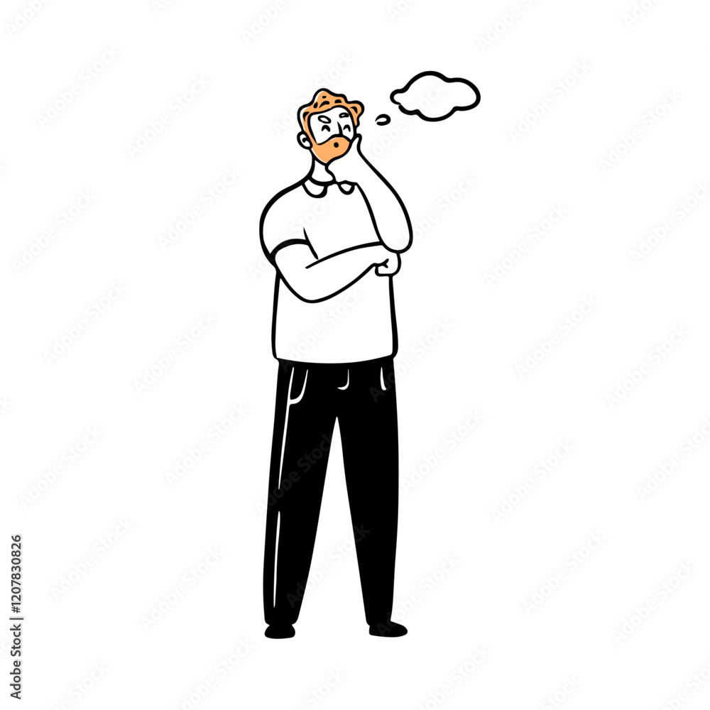Bearded man holding hand on chin thinking on problem solution. Vector flat cartoon character, isolated male personage with thought bubble doodle. Brainstorming or solving issues at work Bearded man holding hand on chin thinking on problem solution. Vector flat cartoon character, isolated male personage with thought bubble doodle. Brainstorming or solving issues at work