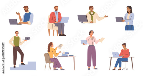People working with laptops and computers. Vector isolated designers and developers at working place. Smiling male and female characters in office and at remote work, freelancing outdoors