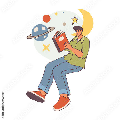 Reader or bookworm hobby, isolated man reading book about cosmos, planets starts and universe. Imagination and creative thinking skills improvement. Flat cartoon style character vector