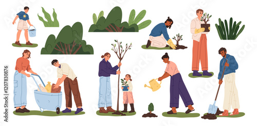 Eco activists personages planting saplings and trees, bushes and flowers. Vector in flat style, ecologically friendly people caring for nature in city. Yard or park greenery, gardeners organization