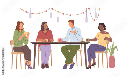 Friends having fun at dinner party, drinking coffee or tea and talking. Vector isolated people sitting by table, celebrations or special occasion event with bulb lights decorations. Classmates meeting