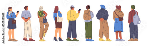 Crowd of people, patient personages waiting in line. Vector in flat style, isolated character, queue waiting for customer service or entrance. Tourists in group queuing ready for admission