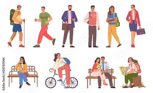 Summer vacation and activities of cartoon characters, set of lifestyles. Vector tourism and mountain walking, running and hiking, cycling and business trips, taking break in park and couple dating