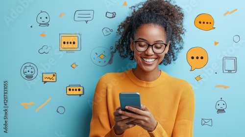 A smiling woman using a smartphone, with a chat bot doodle and various web icons illustrated around her. photo