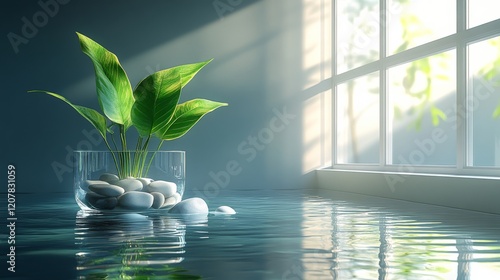 Unique aquascape design featuring a goldfish swimming amidst natural elements...