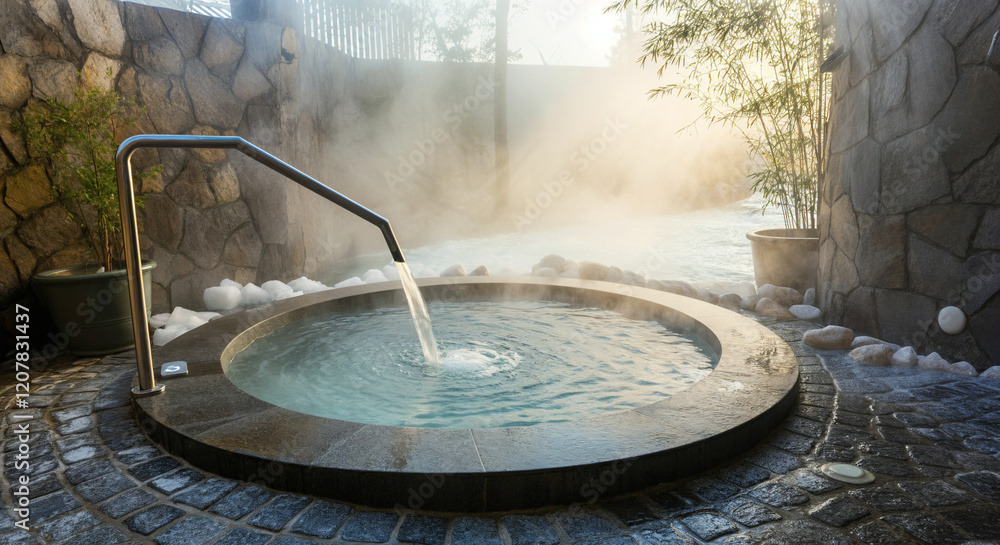 Fototapeta premium Warm water cascading into an outdoor spa tub creates a relaxing atmosphere