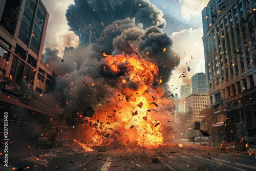 Massive explosion in an urban street with fiery flames, thick smoke, flying debris, and shattered windows