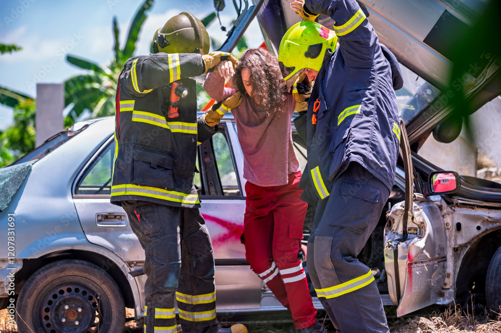 Firefighter emergency rescue help young woman from dangerous smoke and burning accident. - Safety and rescue operation comcept