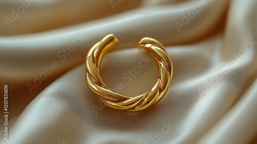 Elegant gold hoop earrings placed on a textured fabric background displaying ...