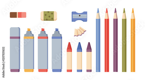 Drawing materials for artists. Vector isolated kit for painting on paper, colorful crayons and pencils, sharpener and eraser. Markers and highlighters for adding dynamism and color to pictures