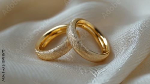 Elegant gold wedding rings on soft fabric creating a romantic atmosphere for ...