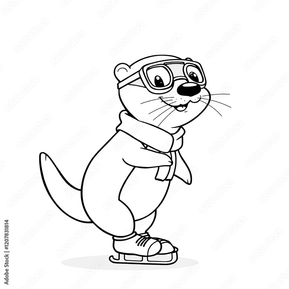 Cartoon Otter Ice Skating Anthropomorphic Animal Black and White Illustration Cartoon Otter Ice Skating Anthropomorphic Animal Black and White Illustration