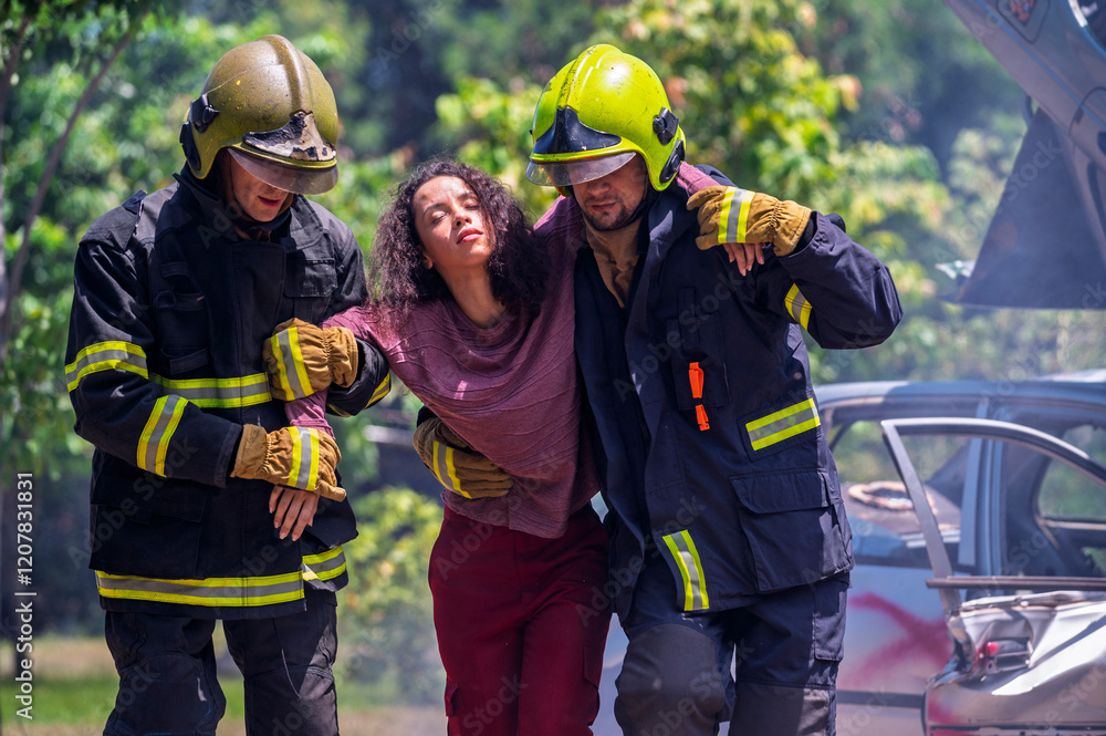 Firefighter emergency rescue help young woman from dangerous smoke and burning accident. - Safety and rescue operation comcept