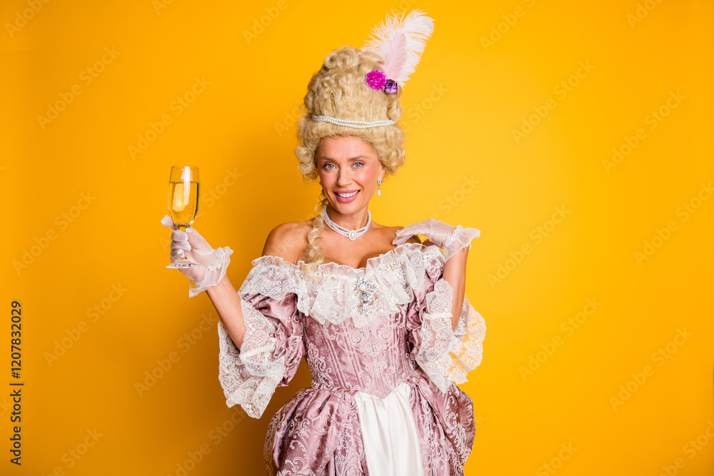Fototapeta premium Elegant woman in retro costume with noble style holding glass of champagne against yellow background