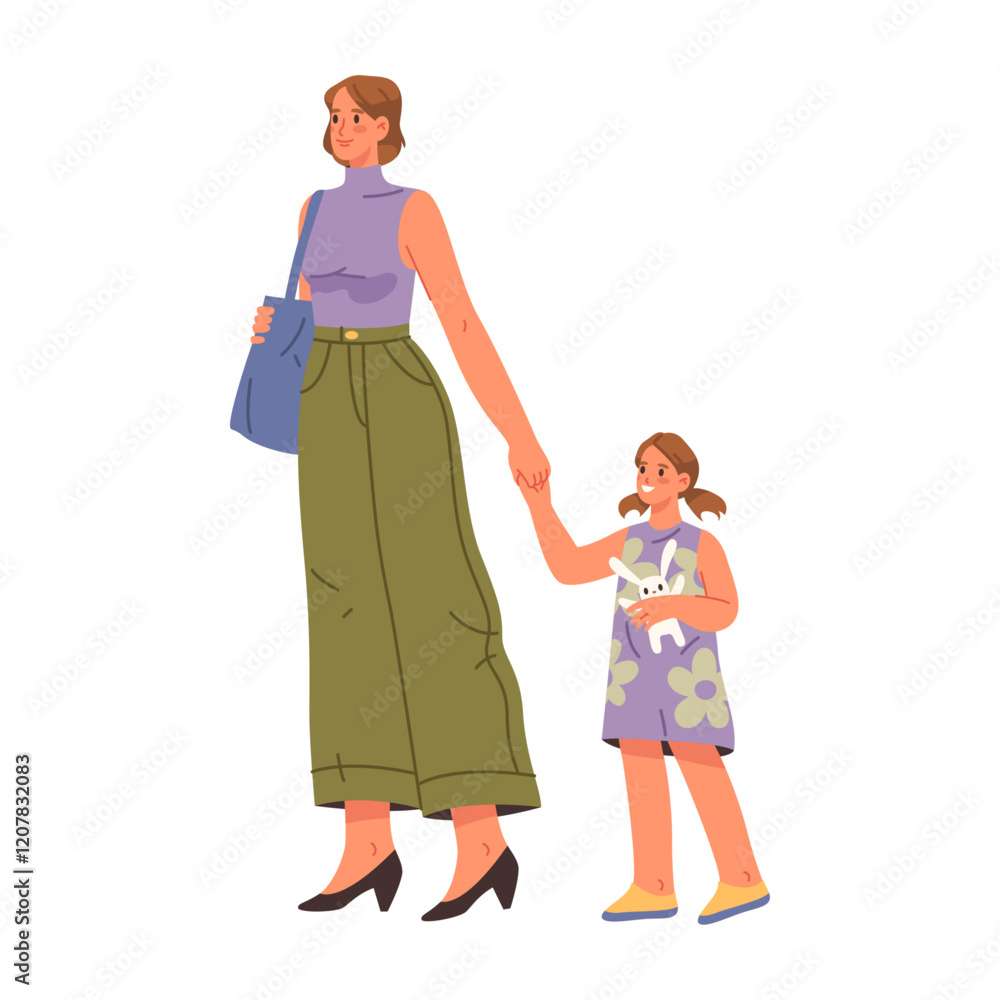 Mum and daughter walking together, mother holding hands with child. Vector isolated people strolling for fun, going home or school. Family time or weekends. Fashionable mommy with bag accessory Mum and daughter walking together, mother holding hands with child. Vector isolated people strolling for fun, going home or school. Family time or weekends. Fashionable mommy with bag accessory