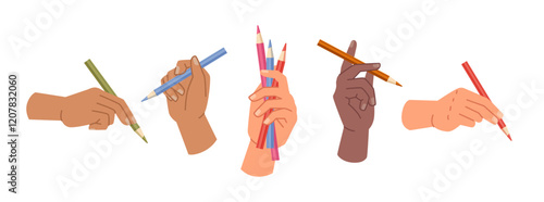 Colorful pencils and crayons in hands of artists or professional painters. Vector isolated artistic skills development, set of arms with tools for creating paintings and drawing in color
