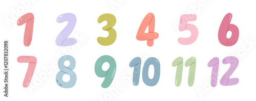 Typographic numbers and digits for posters and banners design. Vector in flat style, isolated set of learning and studying cards for kids. Baby months or year milestone celebration for birthday