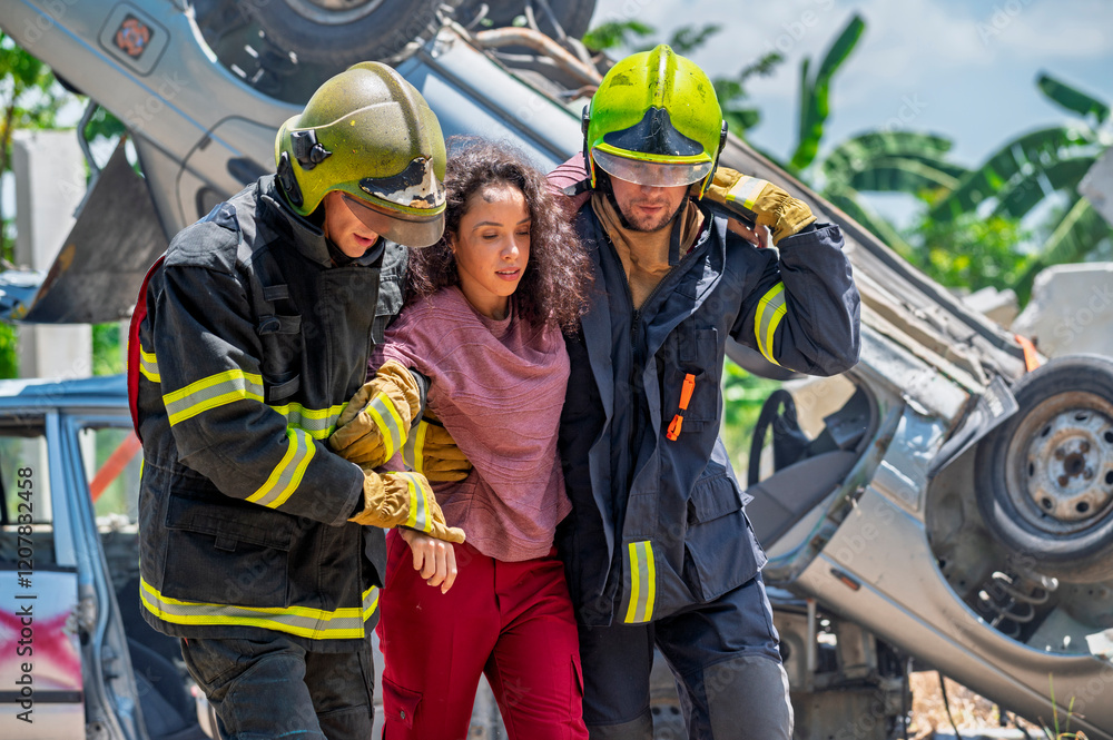 Firefighter emergency rescue help young woman from dangerous smoke and burning accident. - Safety and rescue operation comcept
