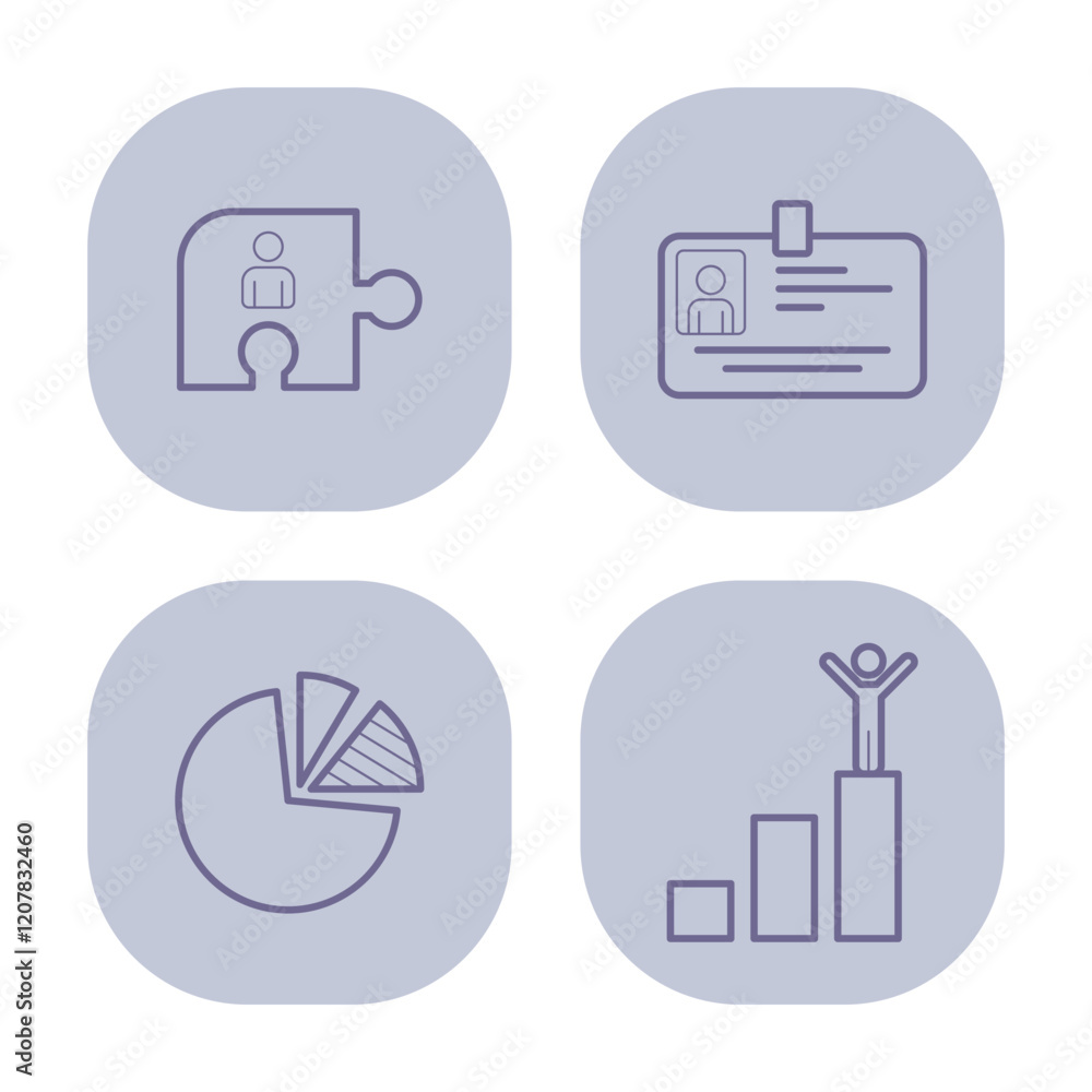 Collection of simple line icons representing office activities. Puzzle, business card, pie chart, and growth graph in professional setting Collection of simple line icons representing office activities. Puzzle, business card, pie chart, and growth graph in professional setting