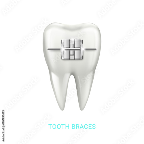 Tooth with metal brace, isolated realistic molar with bracket. Vector exodontist treatment and endodontist care health concept. Orthodontic dentistry and alignment of teeth. Healthy lifestyle