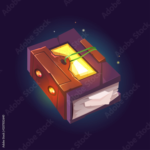 Witch grimoire or magic book with cover and seal. Vector isolated closed publication with torn paper, witchcraft and sorcery, mystic spells and enchantment, game design or wizard assets