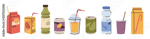 Drinks and cold beverages for lunchtime and stack. Vector isolated bottle of water, orange or mandarin juice, freshly made smoothie, tea or coffee, soda or milk, cold lemonade for summer