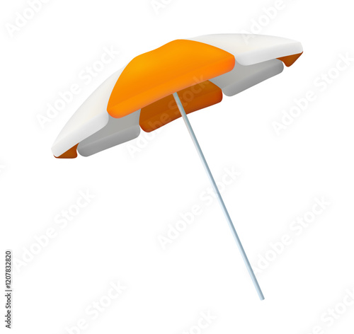 Realistic parasol with stripes and stand. Vector isolated umbrella giving shade on hot sunny days creating shade on seaside or pool. Protection from overheating and direct sunlight rays