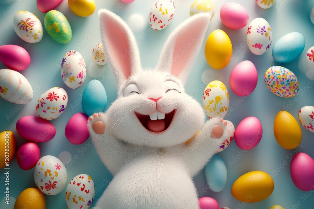 Smiling Easter bunny surrounded by eggs. Smiling Easter bunny surrounded by eggs.