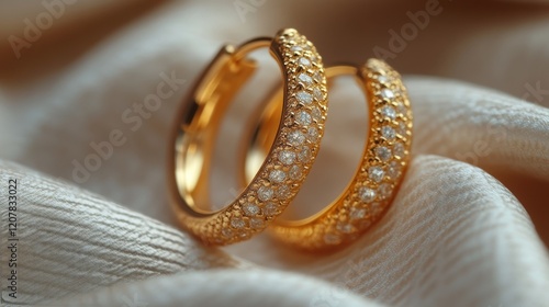 Elegant gold hoop earrings displayed on soft fabric showcasing their shine an...