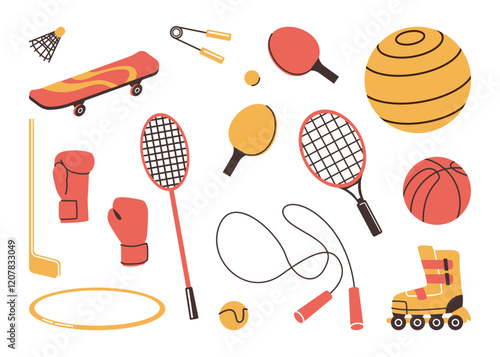 Sports and sportive games activities equipment. Vector isolated fitness and basketball ball, skateboard and racket for tennis. Badminton and hoop, jumping rope and roller skating shoes set