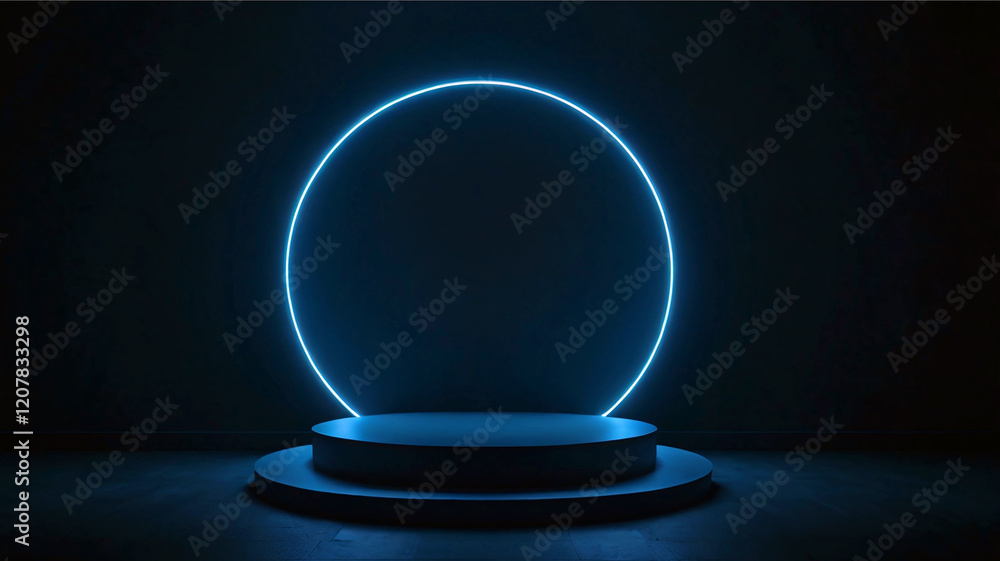 3d empty blue podium with glowing neon rings on the floor in a dark room. For product presentation. 3d empty blue podium with glowing neon rings on the floor in a dark room. For product presentation.