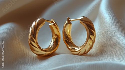 Elegant gold hoop earrings displayed on soft fabric showcasing their shine an...
