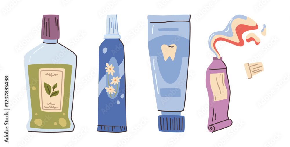 Balms and lotions, pastes and mouth wash. Vector isolated set of products for dental care and healthy teeth. Toothpaste with whitening and curing effect, refreshing scents and tastes for patients Balms and lotions, pastes and mouth wash. Vector isolated set of products for dental care and healthy teeth. Toothpaste with whitening and curing effect, refreshing scents and tastes for patients