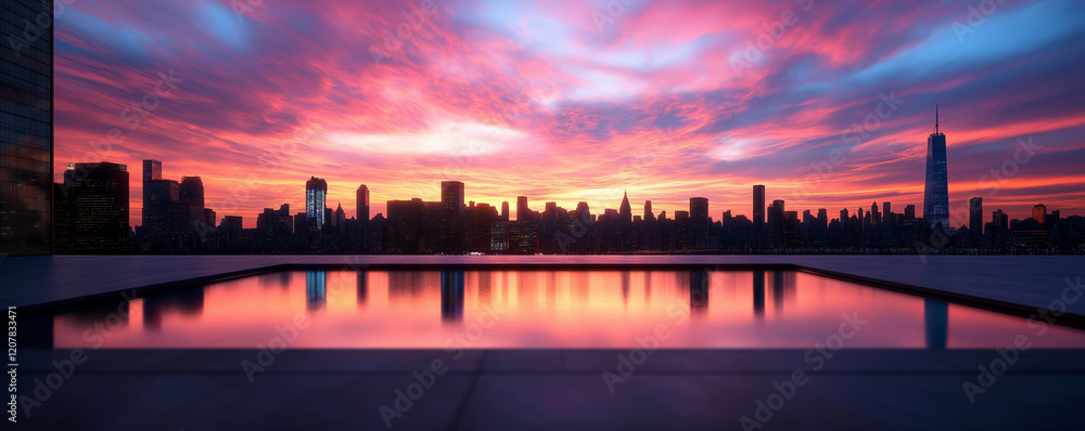 Fototapeta premium A breathtaking view of a glowing city skyline reflecting on a tranquil pool during a vivid sunset.