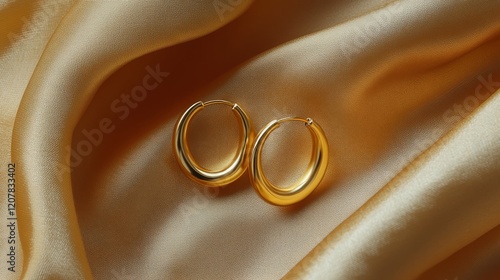 Elegant gold hoop earrings displayed on soft fabric showcasing their shine an...