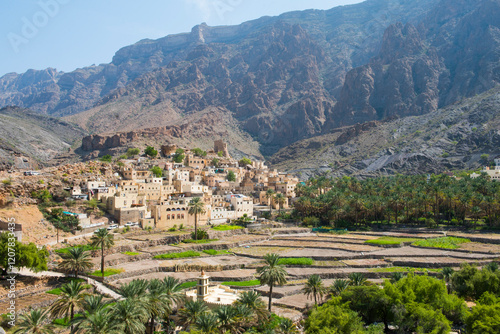 Bilad Sayt village, edge of Wadi Bani Awf, north east slope of Jebel Akhdar, Western Hajar Mountains, Al-Dakhiliyah region, Oman, Arabian Peninsula photo