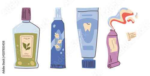 Balms and lotions, pastes and mouth wash. Vector isolated set of products for dental care and healthy teeth. Toothpaste with whitening and curing effect, refreshing scents and tastes for patients