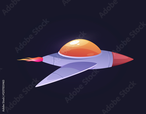 Rocket with fire trail, isolated spacecraft for space galaxy exploration and adventures. Vector game design spaceship with window and wings. Universe and cosmos traveling on reactive jet