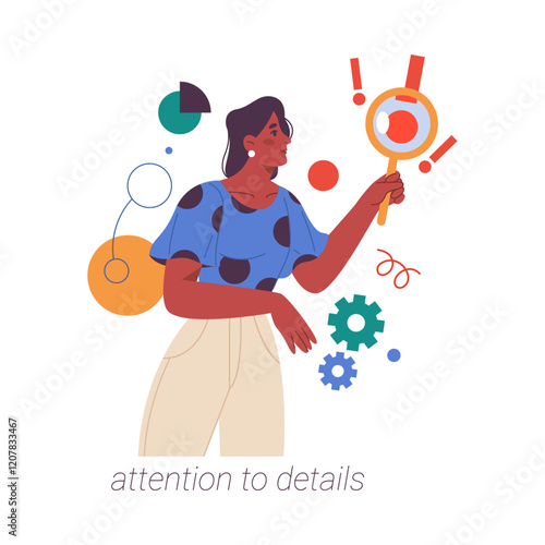Attention to details soft skills of good employee. Vector flat cartoon character, isolated woman listening and investigating issues. Personal and business growth and development of manager