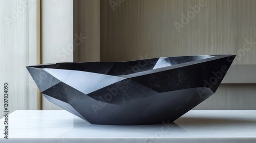 Elegant black geometric bowl displayed on a marble surface in a modern interi...