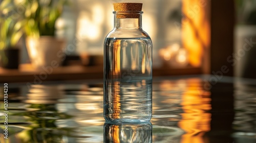 Clear glass bottle with cork cap reflecting sunlight on tranquil surface indoors