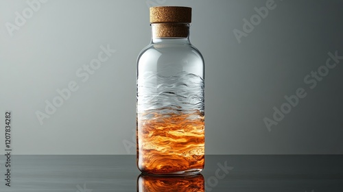 Clear glass bottle with cork cap reflecting sunlight on tranquil surface indoors