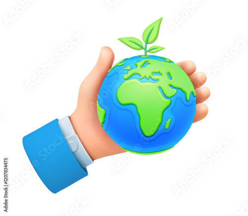 Save planet, world environment day holiday celebration. Vector in flat style, isolated 3d hand holding globe with growing leaf. Ecologically friendly and careful, protective for planet earth