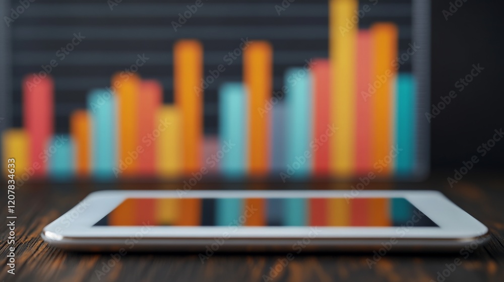 Tablet Analytics: A tablet device sits on a wooden desk, its screen reflecting the colorful bars of a blurred chart, symbolizing data-driven decision making and business insights. Tablet Analytics: A tablet device sits on a wooden desk, its screen reflecting the colorful bars of a blurred chart, symbolizing data-driven decision making and business insights.