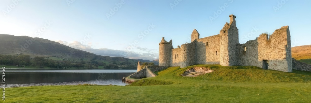 Ancient stone ruins of Ross Castle beside a tranquil lake and green grass during golden hour in Ireland, historical, ruins Ancient stone ruins of Ross Castle beside a tranquil lake and green grass during golden hour in Ireland, historical, ruins
