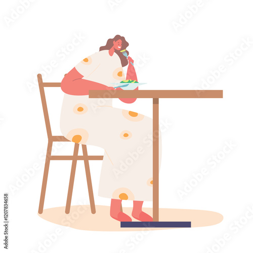 Young Woman Visiting Restaurant or Cafe. Female Character Sitting at Table Enjoying Fresh Salad Meal. Girl Has Relaxing